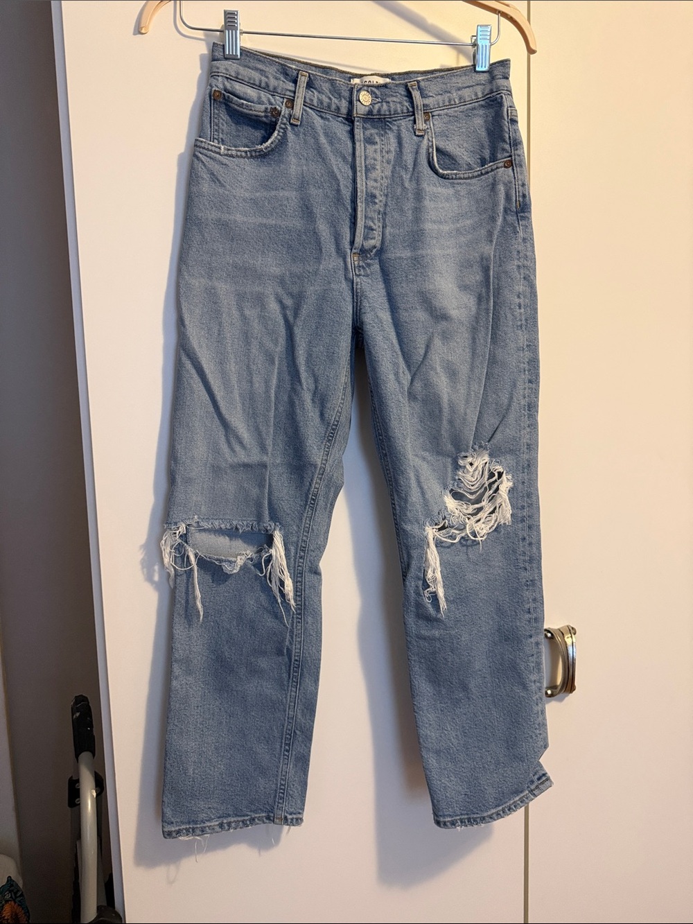 Agolde Light Blue Distressed Straight-Leg Jeans